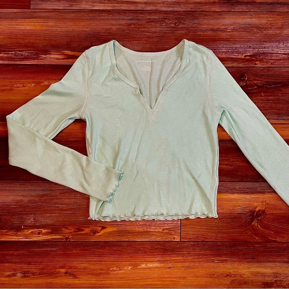 American Eagle Sz S Cropped Waffle Soft Mint Long Sleeve Shirt